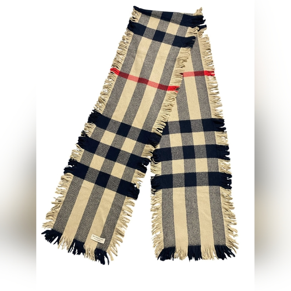 Burberry Wool Half Mega Check Fringe Scarf Camel